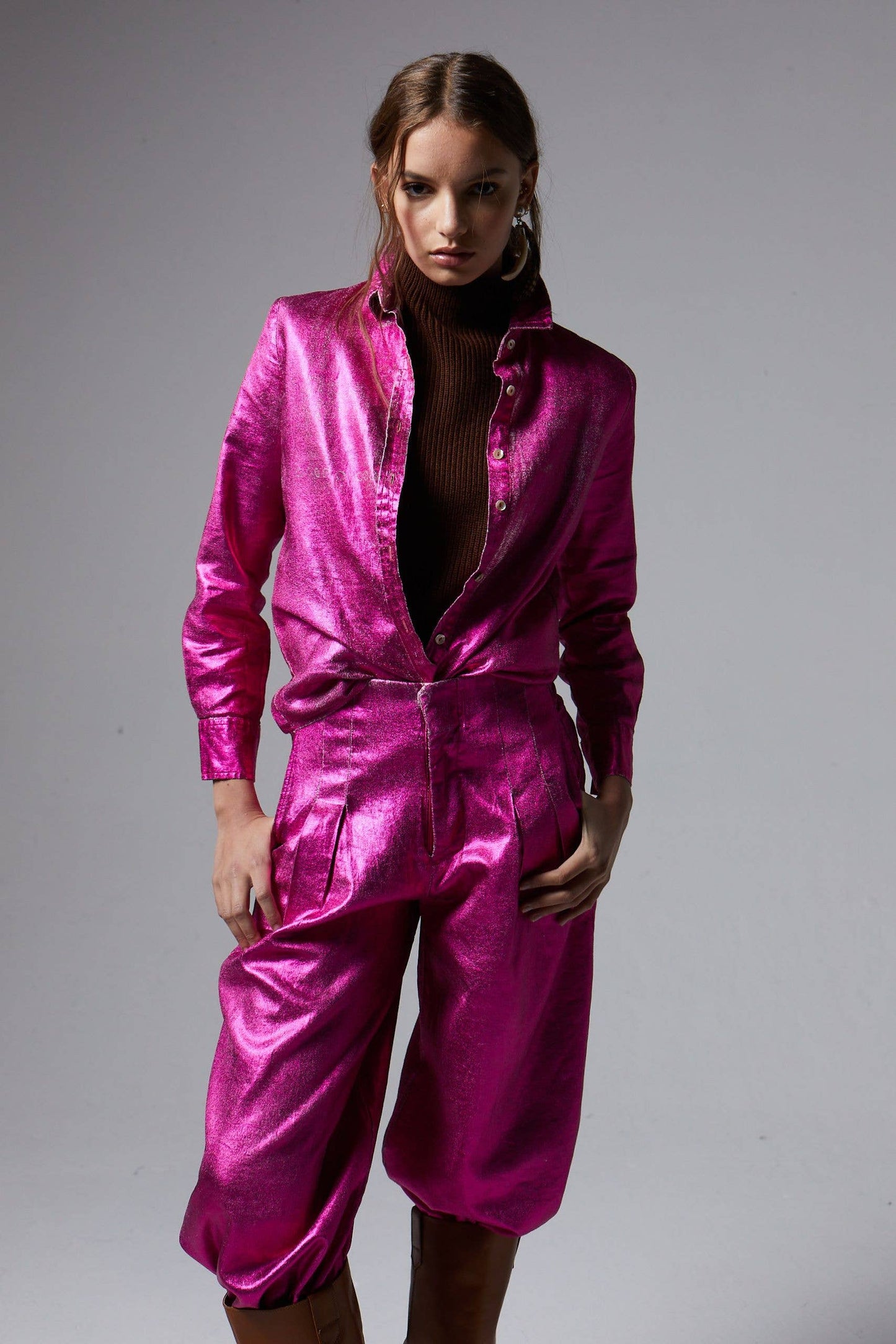 San Marino Metallic Linen Shirt - Fuchsia