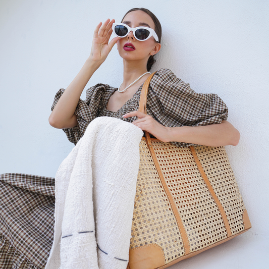 Mia Woven Rattan and Leather Tote