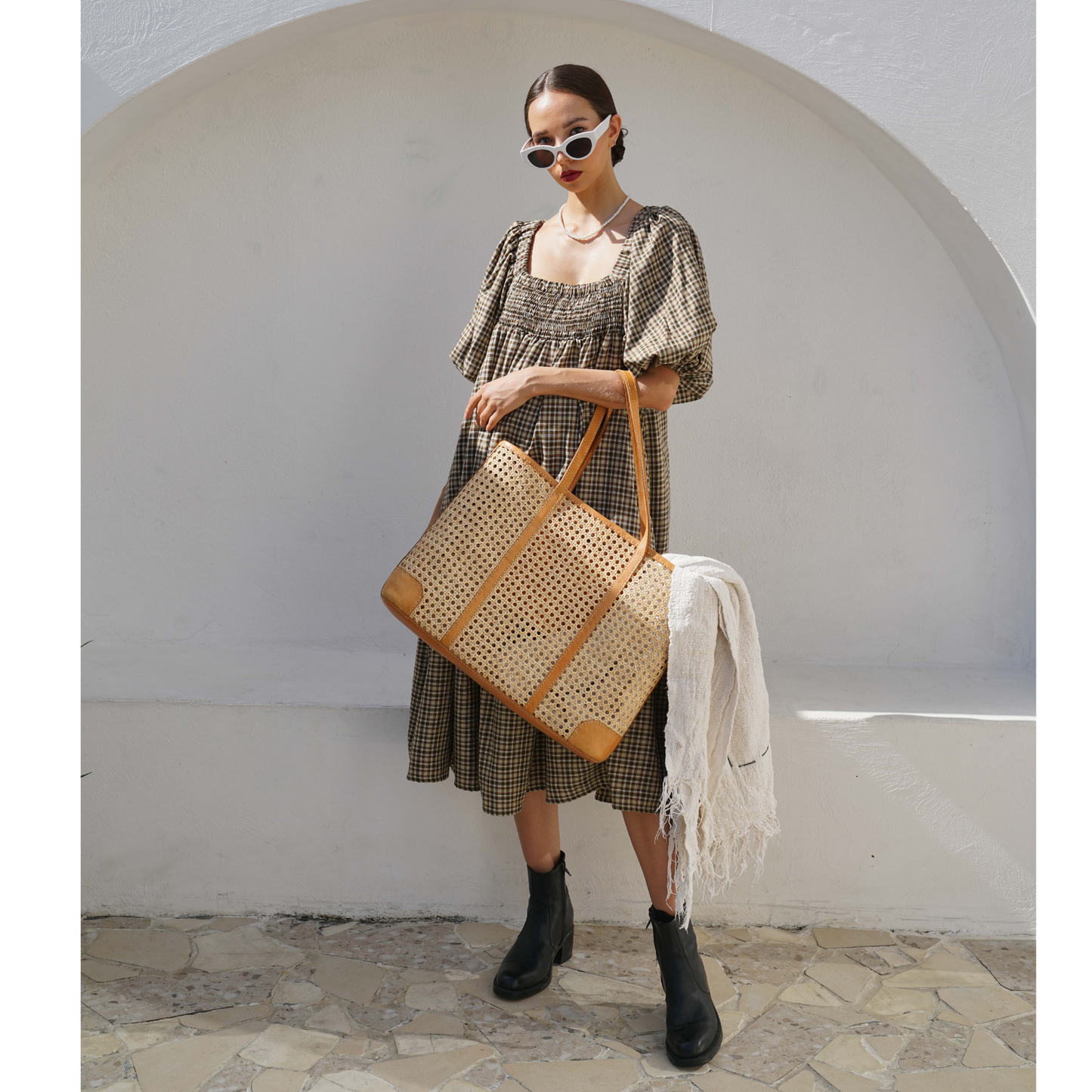 Mia Woven Rattan and Leather Tote