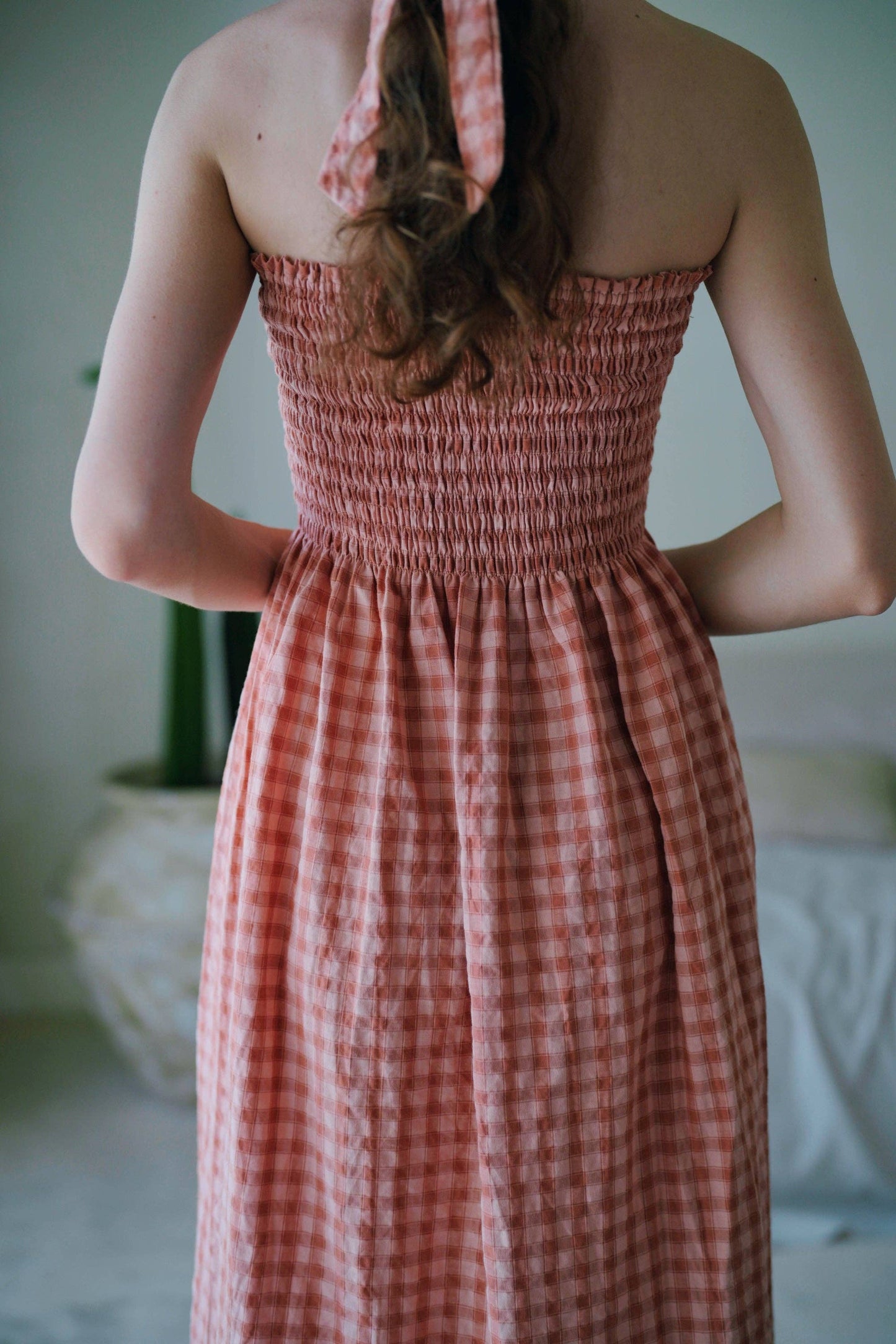 Ava Strapless Crinkle Gingham Dress