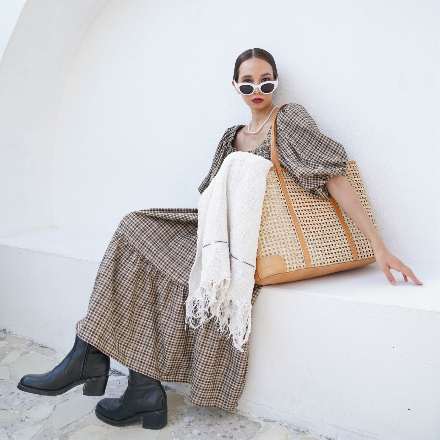 Mia Woven Rattan and Leather Tote