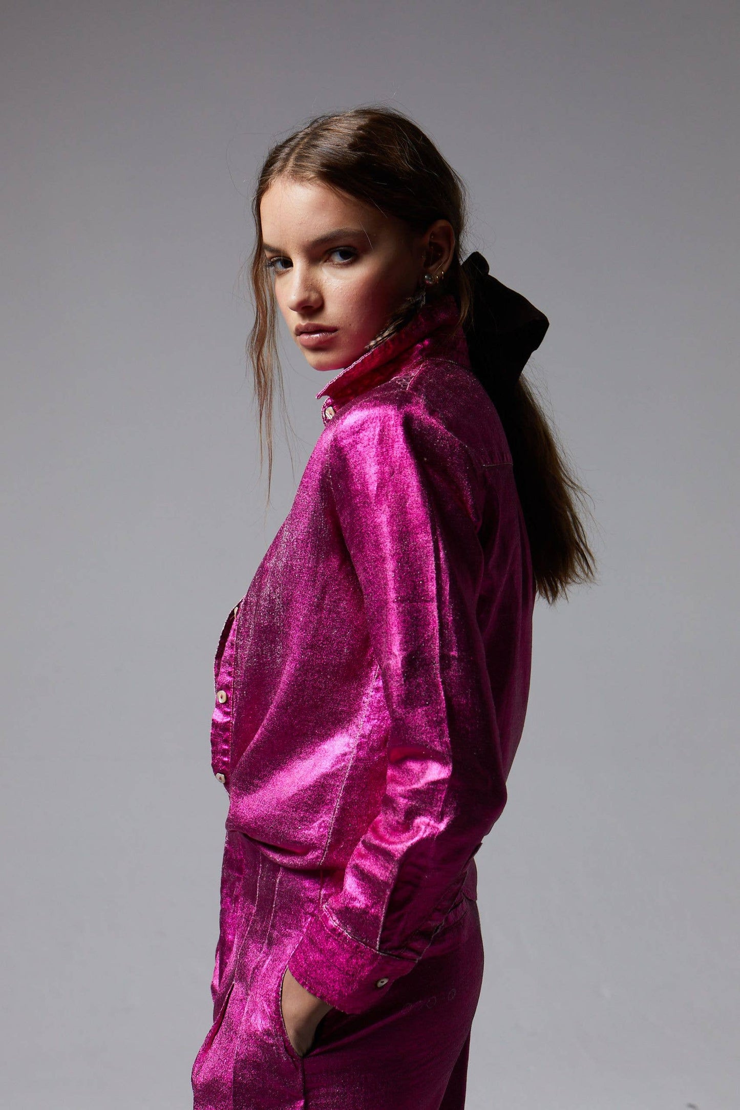 San Marino Metallic Linen Shirt - Fuchsia