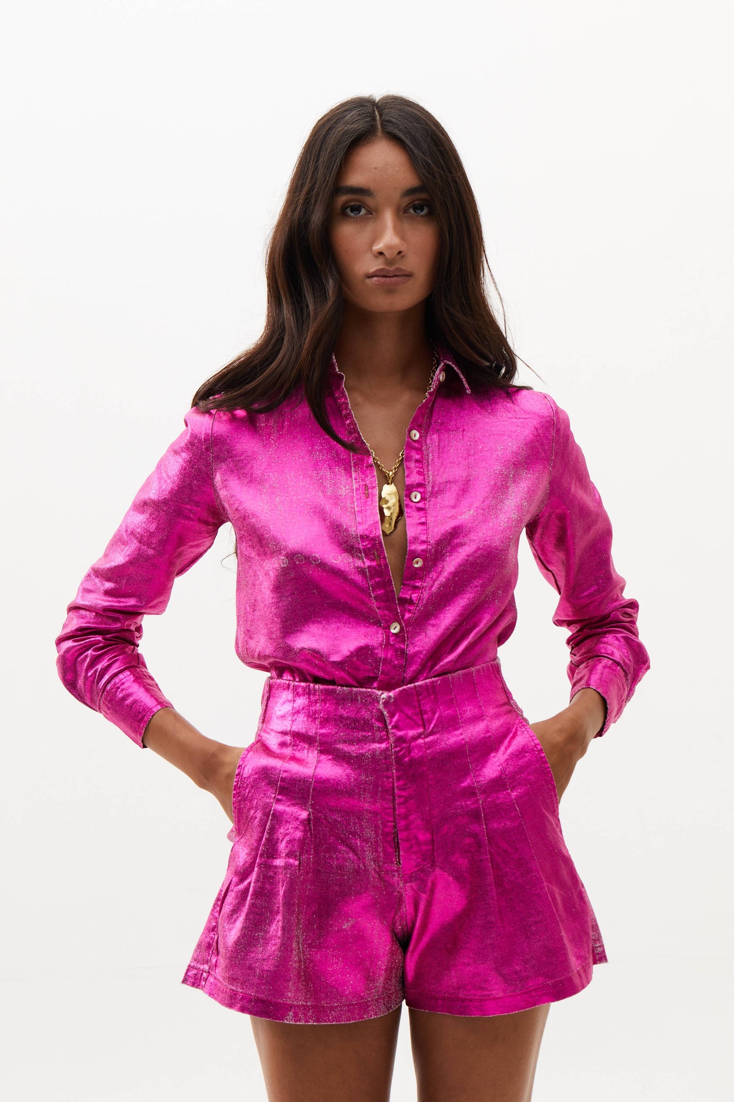 San Marino Metallic Linen Shirt - Fuchsia