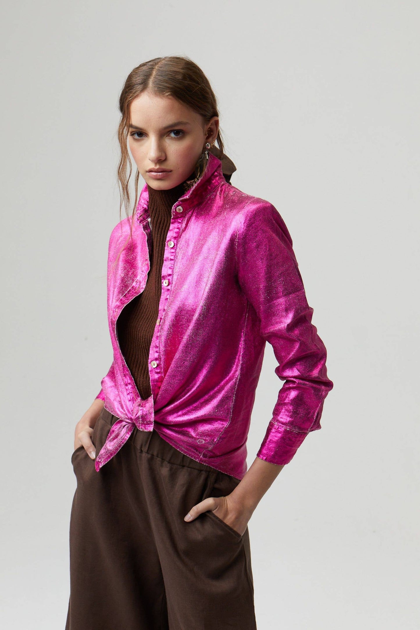 San Marino Metallic Linen Shirt - Fuchsia