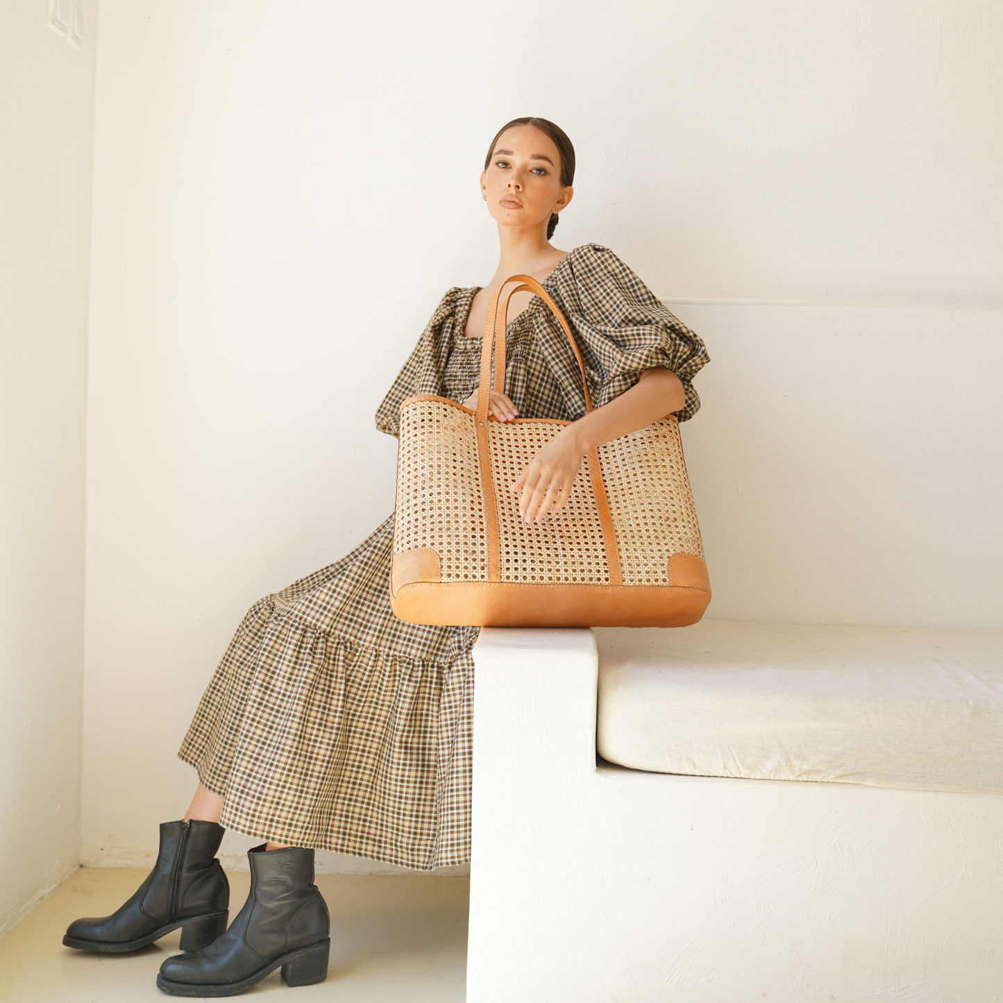 Mia Woven Rattan and Leather Tote