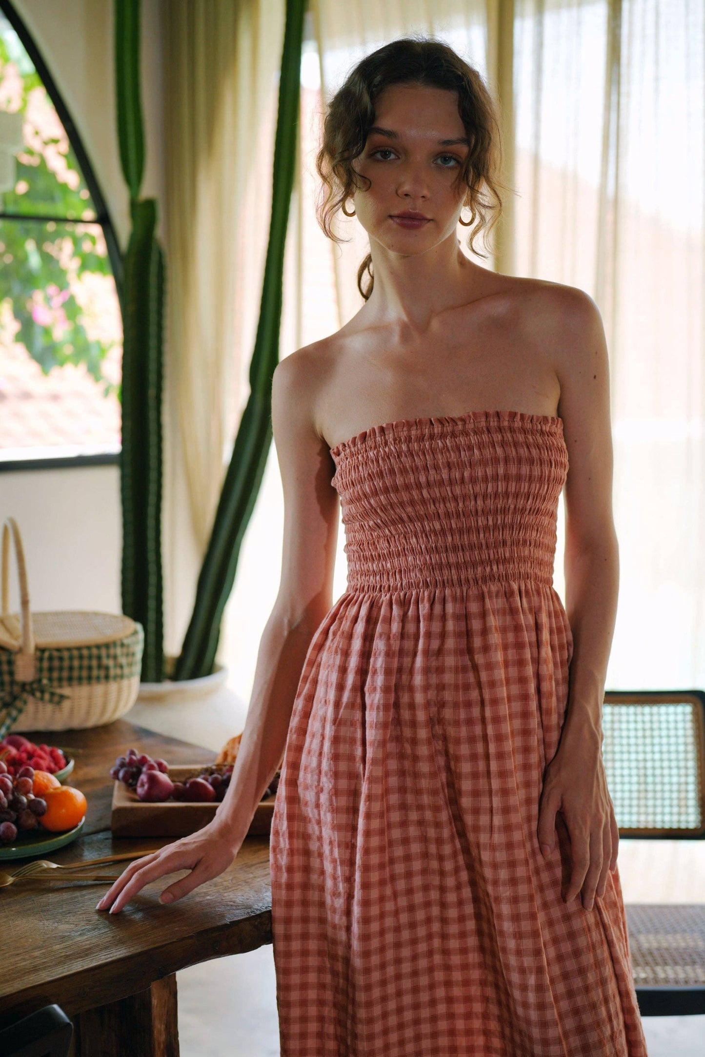 Ava Strapless Crinkle Gingham Dress