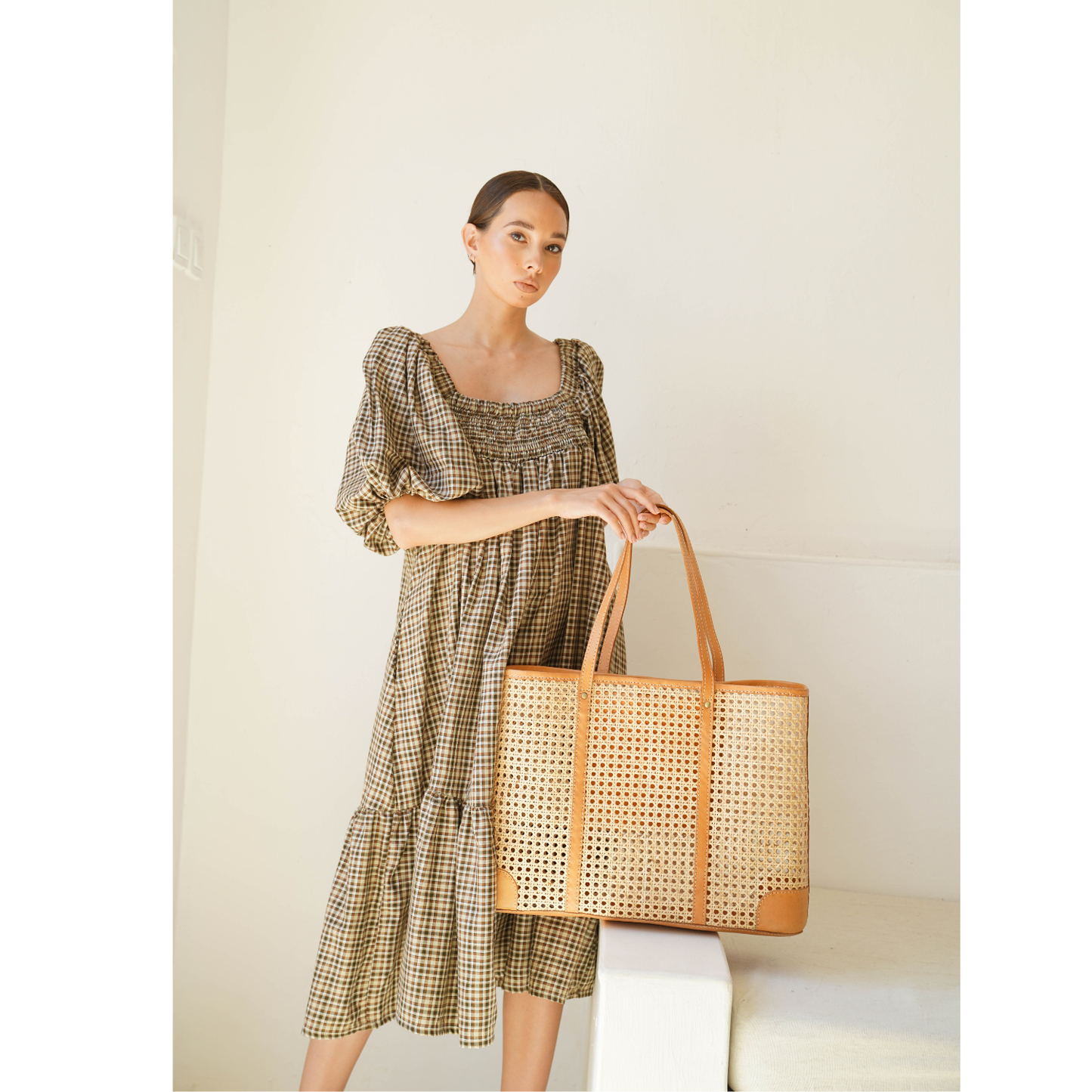 Mia Woven Rattan and Leather Tote